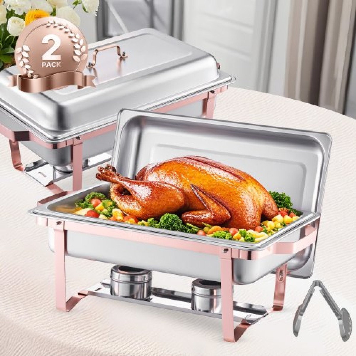 VEVOR Chafing Dish Dish Buffet Set, 8 Qt 2 Pack, Chafer από ανοξείδωτο ατσάλι με 2 τηγάνια πλήρους μεγέθους, Ορθογώνιος διακομιστής Catering Warmer με καπάκι Water Pan Stand Θήκη καυσίμου, για Δείπνο Γάμου, Ροζ χρυσό