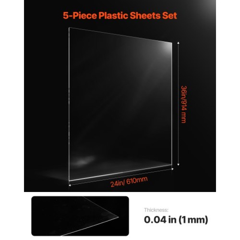 Φύλλα VEVOR PET/Plexiglass, πλαστικό φύλλο 5 συσκευασιών, 24 x 36 ιντσών πάχους 0,04 ιντσών, διαφανή, εύκαμπτα πλαστικά πάνελ για χειροτεχνία, ανταλλακτικό γυαλί κορνίζας, έργο προβολής DIY, Εύκολη κοπή