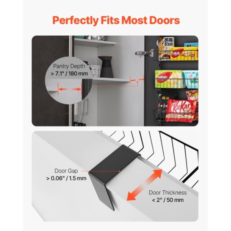 VEVOR Over the Door Pantry Organizer, Οργάνωση και αποθήκευση ντουλαπιών 8 επιπέδων, βαρέως τύπου ατσάλινη κρεμαστή σχάρα μπαχαρικών, ρυθμιζόμενα ράφια μπαχαρικών τοίχου, για οικιακή κουζίνα μπάνιο πλυντηρίου, μαύρο