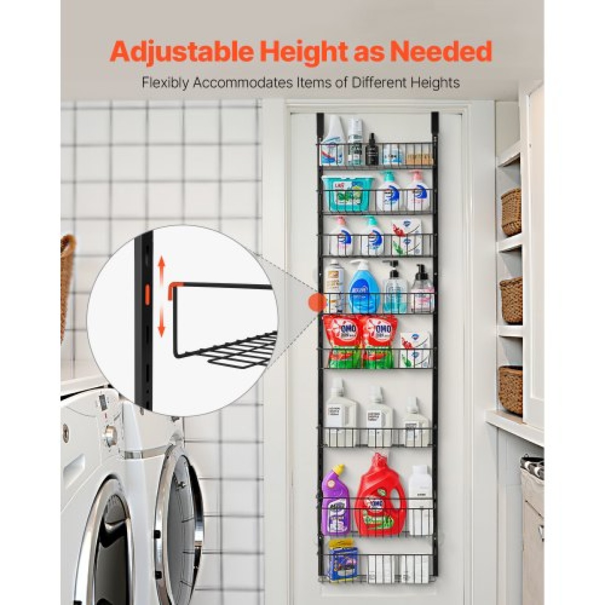 VEVOR Over the Door Pantry Organizer, Οργάνωση και αποθήκευση ντουλαπιών 8 επιπέδων, βαρέως τύπου ατσάλινη κρεμαστή σχάρα μπαχαρικών, ρυθμιζόμενα ράφια μπαχαρικών τοίχου, για οικιακή κουζίνα μπάνιο πλυντηρίου, μαύρο