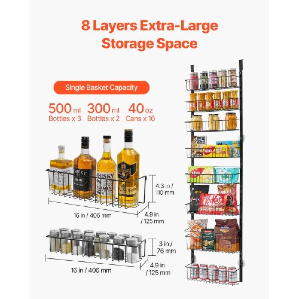 VEVOR Over the Door Pantry Organizer, Οργάνωση και αποθήκευση ντουλαπιών 8 επιπέδων, βαρέως τύπου ατσάλινη κρεμαστή σχάρα μπαχαρικών, ρυθμιζόμενα ράφια μπαχαρικών τοίχου, για οικιακή κουζίνα μπάνιο πλυντηρίου, μαύρο