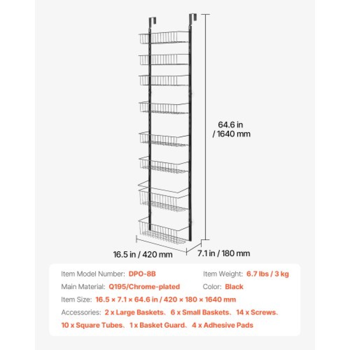 VEVOR Over the Door Pantry Organizer, Οργάνωση και αποθήκευση ντουλαπιών 8 επιπέδων, βαρέως τύπου ατσάλινη κρεμαστή σχάρα μπαχαρικών, ρυθμιζόμενα ράφια μπαχαρικών τοίχου, για οικιακή κουζίνα μπάνιο πλυντηρίου, μαύρο