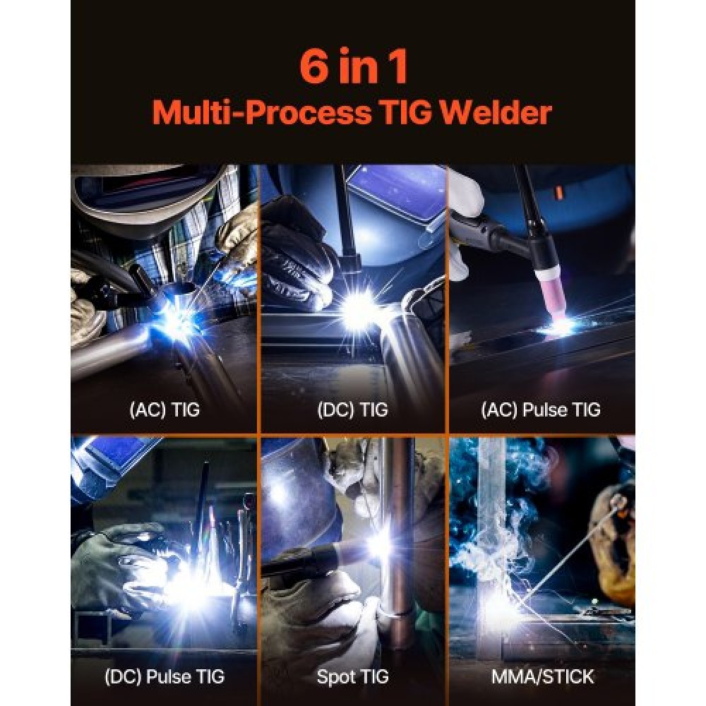 VEVOR TIG Welder, 200A 6-in-1 Aluminium Welding Machine (Οθόνη LED) - AC TIG/DC TIG/AC Pulse TIG/DC Pulse TIG/Spot TIG/MMA(Stick), Ηλεκτρικός Συγκολλητής με Συνεργικό Έλεγχο IGBT