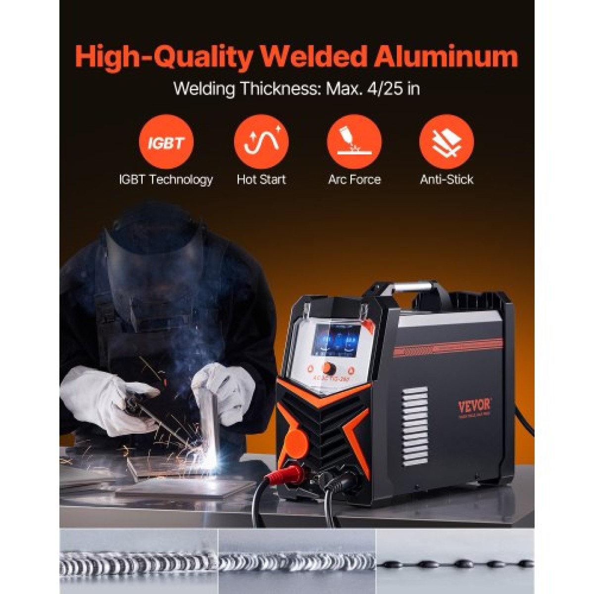 VEVOR TIG Welder, 200A 6-in-1 Aluminium Welding Machine (Οθόνη LED) - AC TIG/DC TIG/AC Pulse TIG/DC Pulse TIG/Spot TIG/MMA(Stick), Ηλεκτρικός Συγκολλητής με Συνεργικό Έλεγχο IGBT