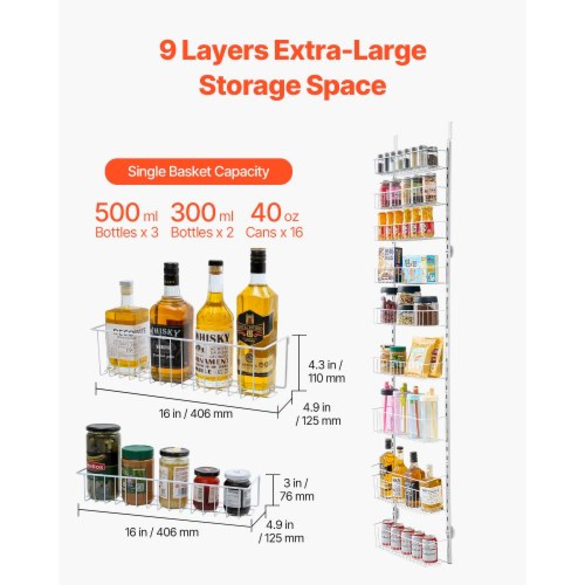 VEVOR Over the Door Pantry Organizer, Οργάνωση και αποθήκευση ντουλαπιών 9 επιπέδων, κρεμαστή σχάρα μπαχαρικών από ατσάλι βαρέως τύπου, ρυθμιζόμενα ράφια καρυκευμάτων τοίχου, για οικιακή κουζίνα μπάνιο πλυντηρίου, λευκό
