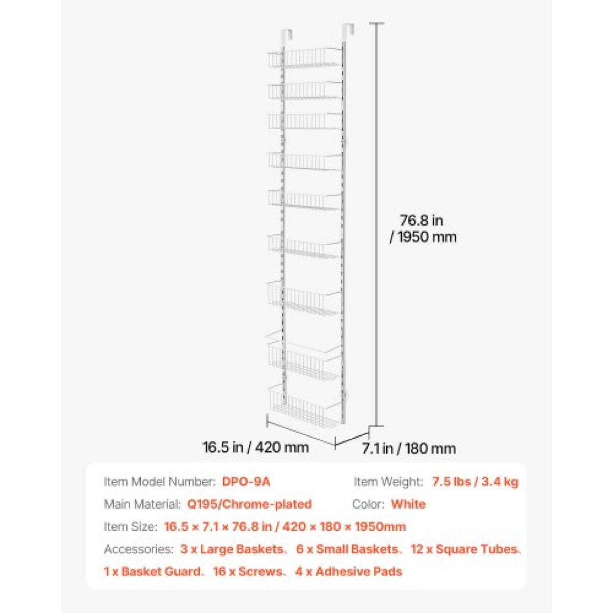 VEVOR Over the Door Pantry Organizer, Οργάνωση και αποθήκευση ντουλαπιών 9 επιπέδων, κρεμαστή σχάρα μπαχαρικών από ατσάλι βαρέως τύπου, ρυθμιζόμενα ράφια καρυκευμάτων τοίχου, για οικιακή κουζίνα μπάνιο πλυντηρίου, λευκό