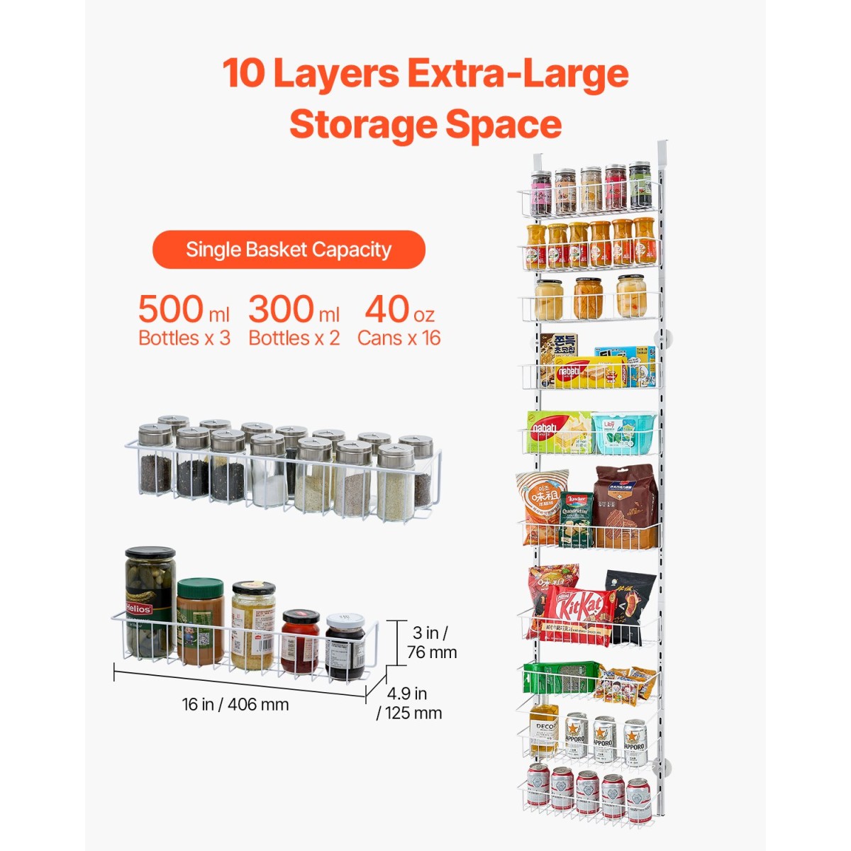 VEVOR Over the Door Pantry Organizer, Οργάνωση και αποθήκευση ντουλαπιών 10 επιπέδων, κρεμαστή σχάρα μπαχαρικών από ατσάλι βαρέως τύπου, ρυθμιζόμενα ράφια καρυκευμάτων τοίχου, για οικιακή κουζίνα, πλυντήριο μπάνιου, λευκό