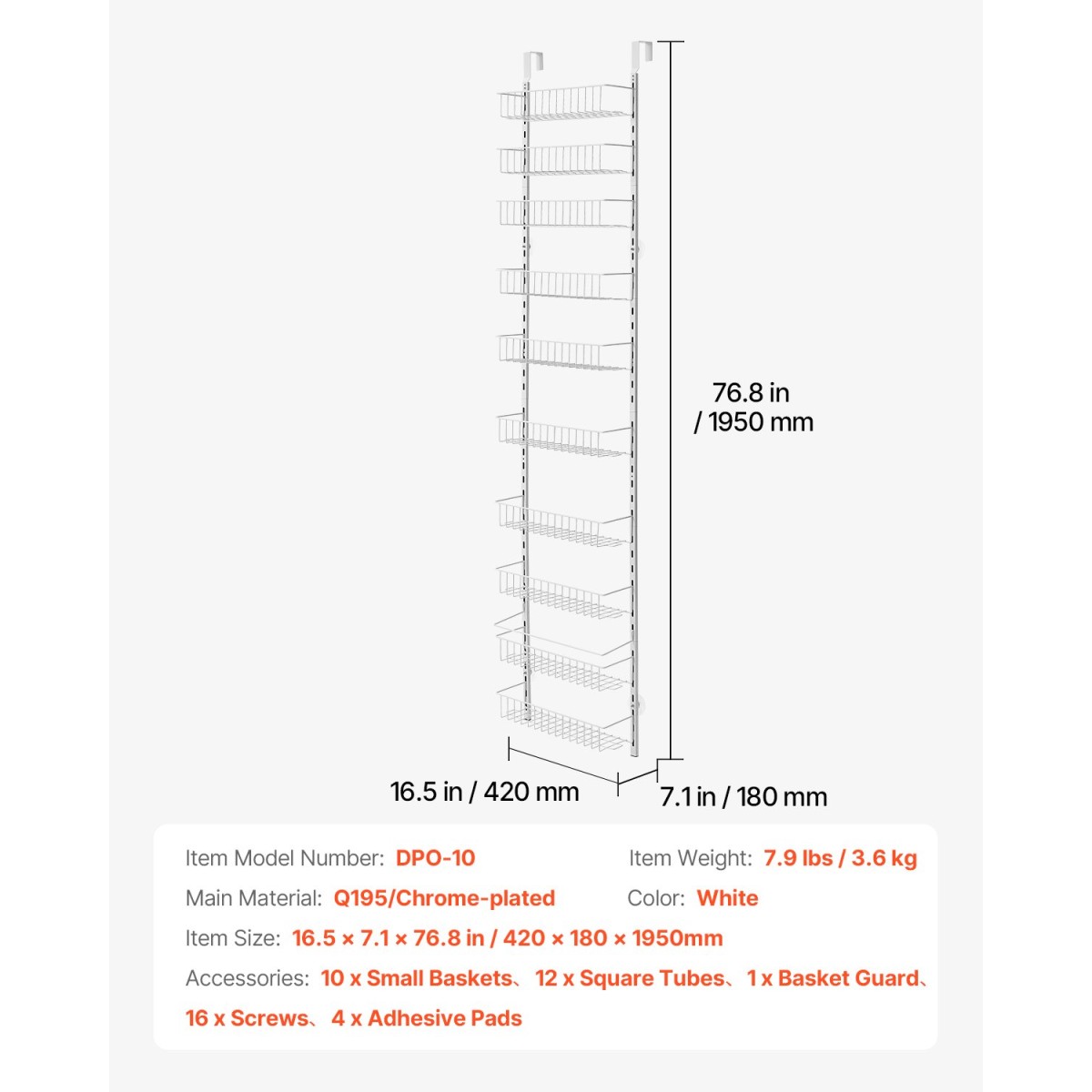 VEVOR Over the Door Pantry Organizer, Οργάνωση και αποθήκευση ντουλαπιών 10 επιπέδων, κρεμαστή σχάρα μπαχαρικών από ατσάλι βαρέως τύπου, ρυθμιζόμενα ράφια καρυκευμάτων τοίχου, για οικιακή κουζίνα, πλυντήριο μπάνιου, λευκό