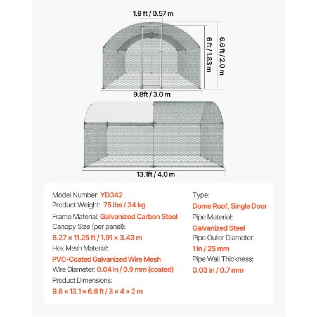VEVOR Metal Chicken Coop, 9,8x13,1x6,5 ft Μεγάλα Walk-in Chicken Runs με κάλυμμα, Περίβλημα Doom Roof Hen House με κλειδαριά ασφαλείας, Στυλό πουλερικών για υπαίθριο κλουβί πάπιας για αυλή, φάρμα, αυλή