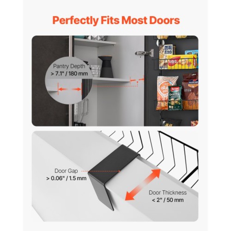 VEVOR Over the Door Pantry Organizer, Οργάνωση και αποθήκευση ντουλαπιών 6 επιπέδων, βαρέως τύπου ατσάλινη κρεμαστή σχάρα μπαχαρικών, ρυθμιζόμενα ράφια καρυκευμάτων τοίχου, για οικιακή κουζίνα, πλυντήριο μπάνιου, μαύρο