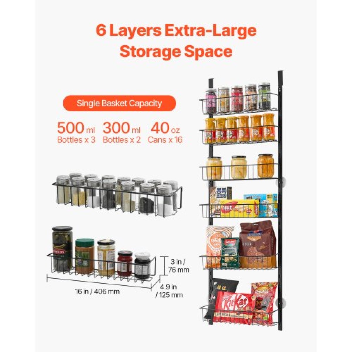 VEVOR Over the Door Pantry Organizer, Οργάνωση και αποθήκευση ντουλαπιών 6 επιπέδων, βαρέως τύπου ατσάλινη κρεμαστή σχάρα μπαχαρικών, ρυθμιζόμενα ράφια καρυκευμάτων τοίχου, για οικιακή κουζίνα, πλυντήριο μπάνιου, μαύρο