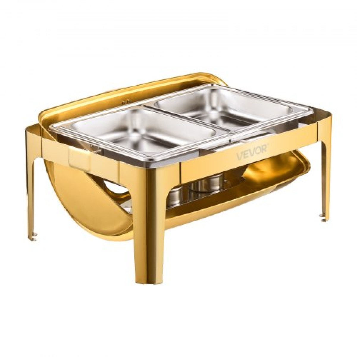 Πλήρες σετ μπουφέ πιάτων VEVOR Roll Chafing, 9Qt φουρκέτα από ανοξείδωτο ατσάλι με τηγάνι πλήρους μεγέθους, ορθογώνιος διακομιστής κέτερινγκ με ορατό καπάκι Πτυσσόμενη βάση τροφοδοσίας καυσίμου, χρυσό