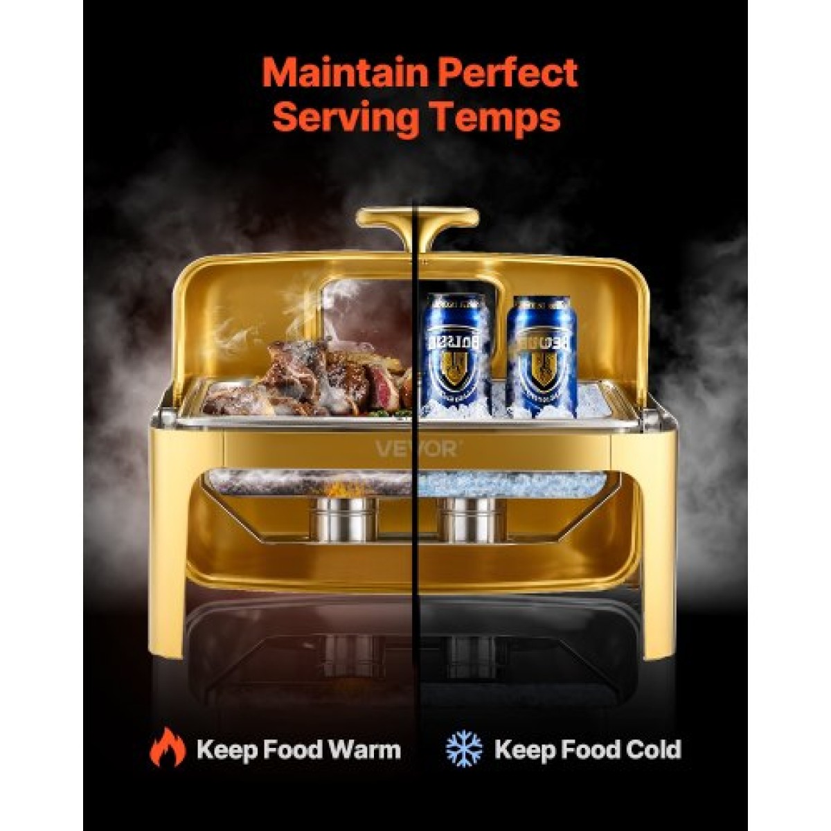 Πλήρες σετ μπουφέ πιάτων VEVOR Roll Chafing, 9Qt φουρκέτα από ανοξείδωτο ατσάλι με τηγάνι πλήρους μεγέθους, ορθογώνιος διακομιστής κέτερινγκ με ορατό καπάκι Πτυσσόμενη βάση τροφοδοσίας καυσίμου, χρυσό