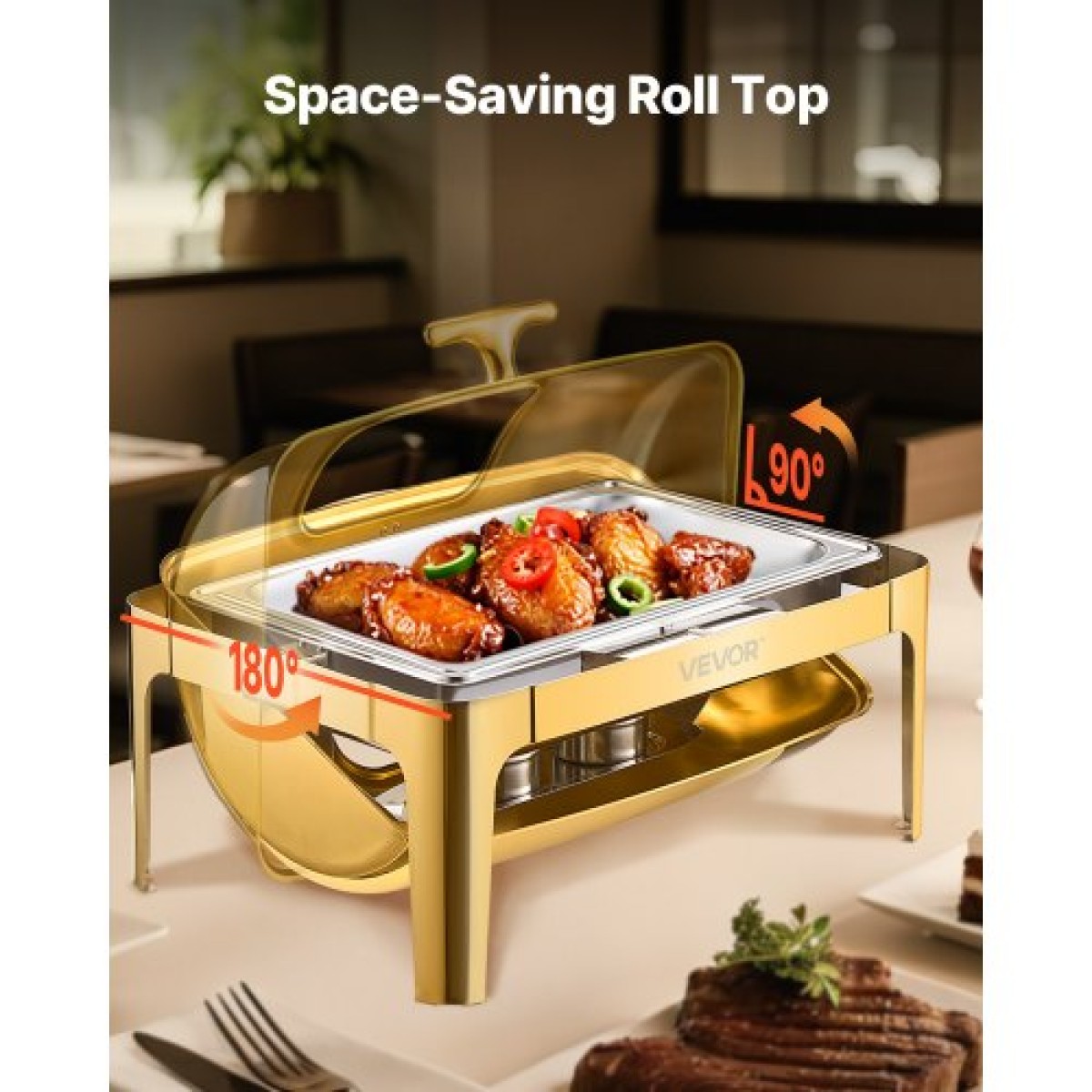 Πλήρες σετ μπουφέ πιάτων VEVOR Roll Chafing, 9Qt φουρκέτα από ανοξείδωτο ατσάλι με τηγάνι πλήρους μεγέθους, ορθογώνιος διακομιστής κέτερινγκ με ορατό καπάκι Πτυσσόμενη βάση τροφοδοσίας καυσίμου, χρυσό
