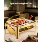 Πλήρες σετ μπουφέ πιάτων VEVOR Roll Chafing, 9Qt φουρκέτα από ανοξείδωτο ατσάλι με τηγάνι πλήρους μεγέθους, ορθογώνιος διακομιστής κέτερινγκ με ορατό καπάκι Πτυσσόμενη βάση τροφοδοσίας καυσίμου, χρυσό