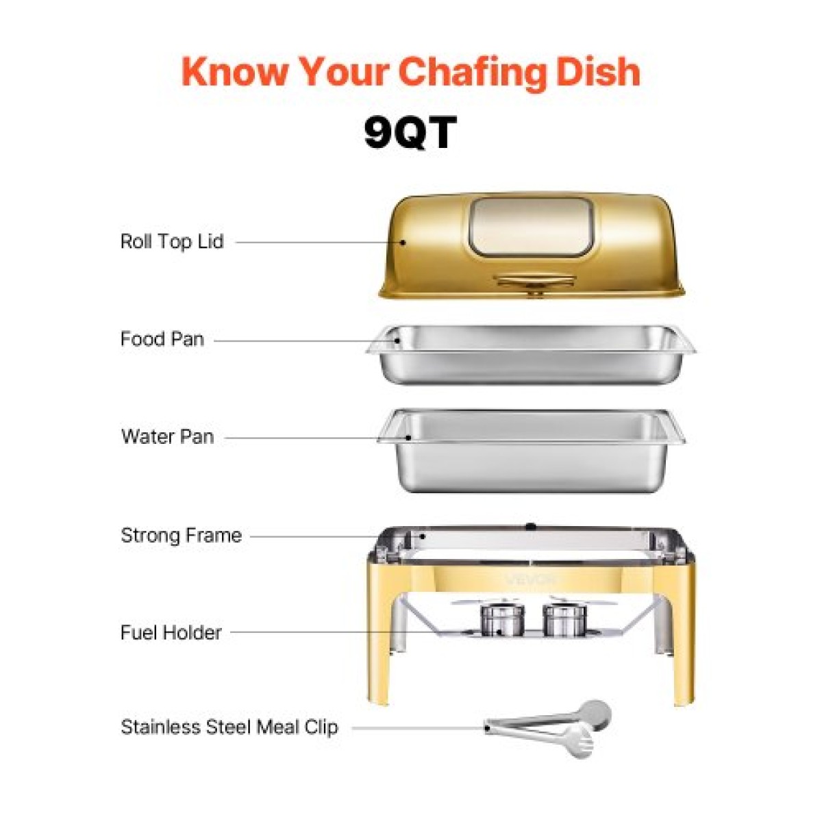 Πλήρες σετ μπουφέ πιάτων VEVOR Roll Chafing, 9Qt φουρκέτα από ανοξείδωτο ατσάλι με τηγάνι πλήρους μεγέθους, ορθογώνιος διακομιστής κέτερινγκ με ορατό καπάκι Πτυσσόμενη βάση τροφοδοσίας καυσίμου, χρυσό