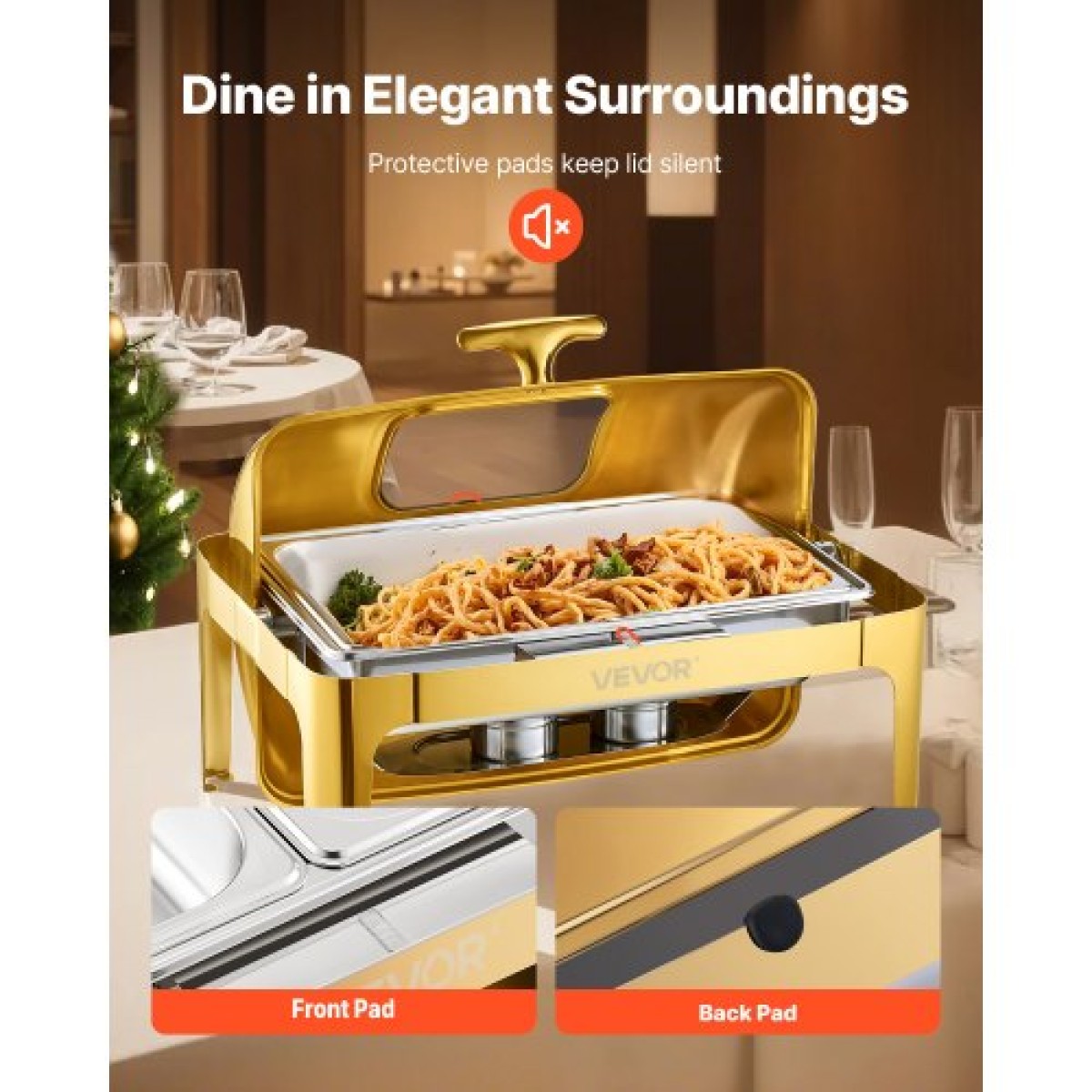 Πλήρες σετ μπουφέ πιάτων VEVOR Roll Chafing, 9Qt φουρκέτα από ανοξείδωτο ατσάλι με τηγάνι πλήρους μεγέθους, ορθογώνιος διακομιστής κέτερινγκ με ορατό καπάκι Πτυσσόμενη βάση τροφοδοσίας καυσίμου, χρυσό