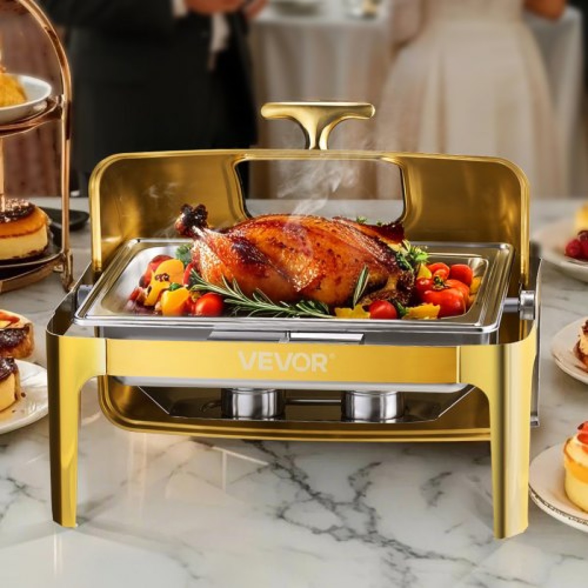 Πλήρες σετ μπουφέ πιάτων VEVOR Roll Chafing, 9Qt φουρκέτα από ανοξείδωτο ατσάλι με τηγάνι πλήρους μεγέθους, ορθογώνιος διακομιστής κέτερινγκ με ορατό καπάκι Πτυσσόμενη βάση τροφοδοσίας καυσίμου, χρυσό