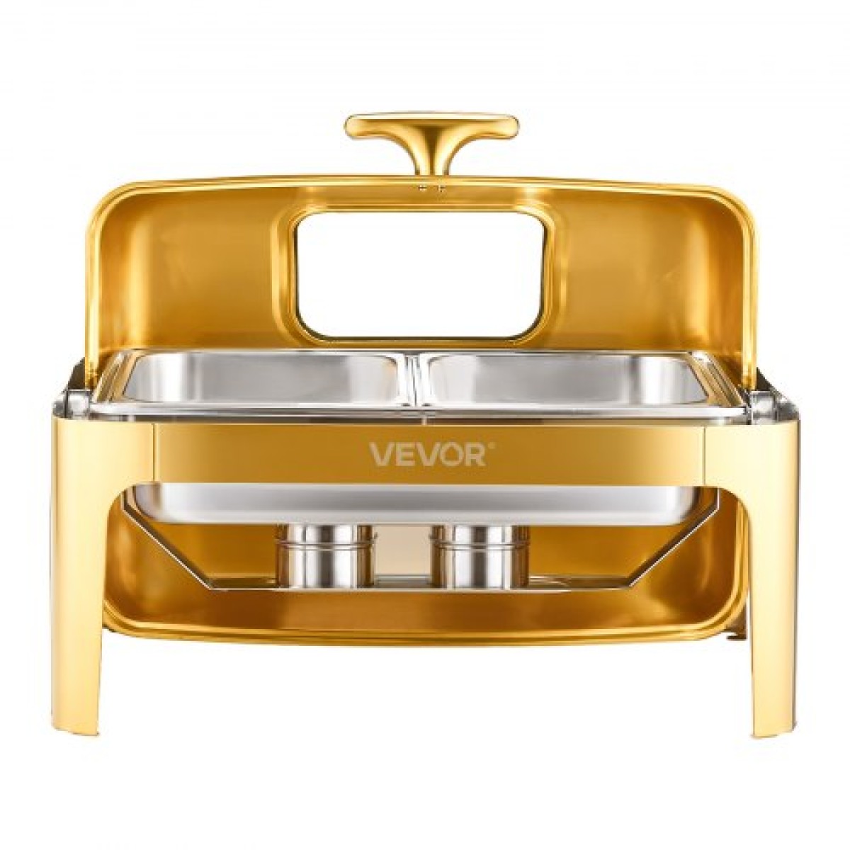 Πλήρες σετ μπουφέ πιάτων VEVOR Roll Chafing, 9Qt φουρκέτα από ανοξείδωτο ατσάλι με τηγάνι πλήρους μεγέθους, ορθογώνιος διακομιστής κέτερινγκ με ορατό καπάκι Πτυσσόμενη βάση τροφοδοσίας καυσίμου, χρυσό