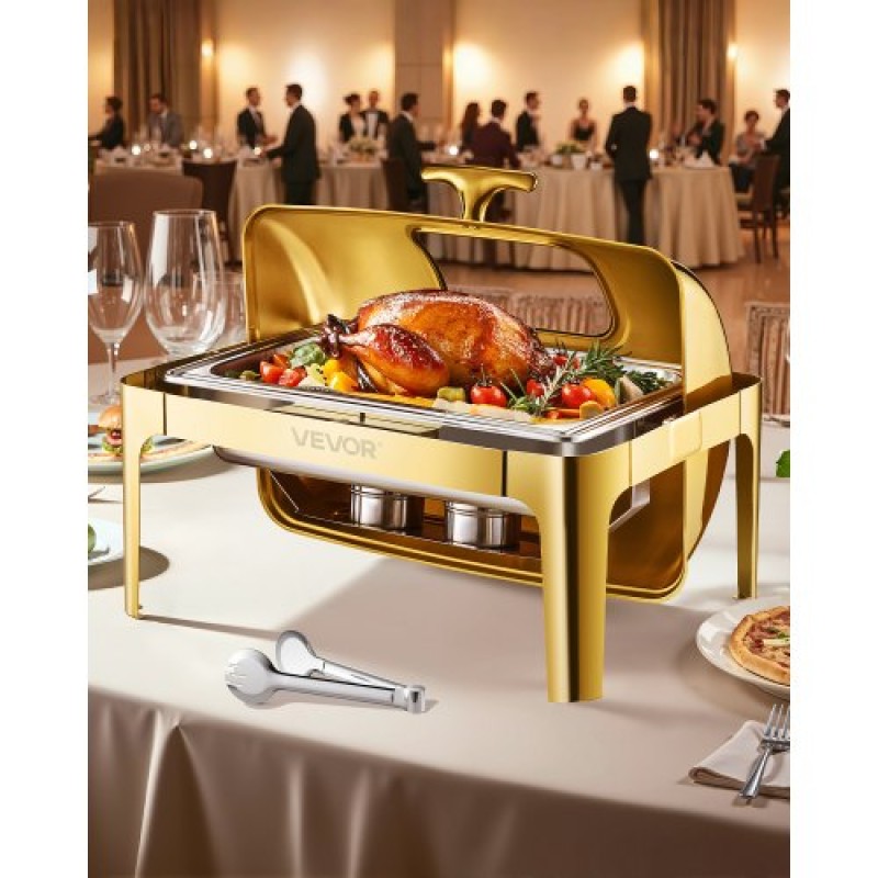 Πλήρες σετ μπουφέ πιάτων VEVOR Roll Chafing, 9Qt φουρκέτα από ανοξείδωτο ατσάλι με τηγάνι πλήρους μεγέθους, ορθογώνιος διακομιστής κέτερινγκ με ορατό καπάκι Πτυσσόμενη βάση τροφοδοσίας καυσίμου, χρυσό