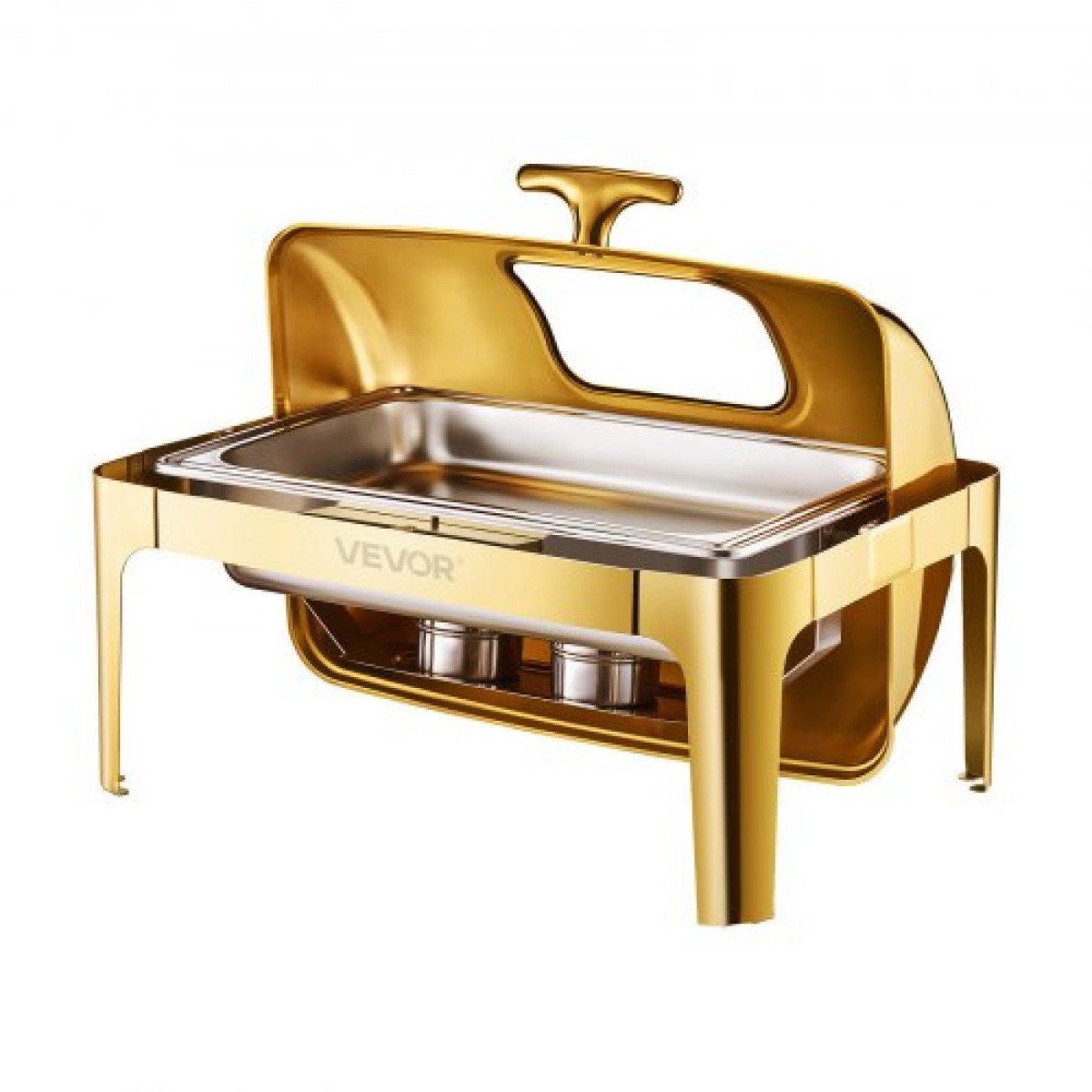 Πλήρες σετ μπουφέ πιάτων VEVOR Roll Chafing, 9Qt φουρκέτα από ανοξείδωτο ατσάλι με τηγάνι πλήρους μεγέθους, ορθογώνιος διακομιστής κέτερινγκ με ορατό καπάκι Πτυσσόμενη βάση τροφοδοσίας καυσίμου, χρυσό