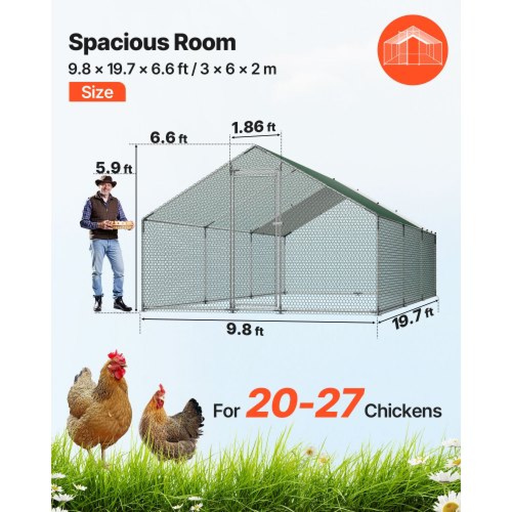 VEVOR Metal Chicken Coop, 9,8x19,6x6,5 ft Μεγάλες πίστες κοτόπουλου με κάλυμμα, περίβλημα οροφής με κοτέτσι με κλειδαριά ασφαλείας, στυλό πουλερικών υπαίθριου κλουβιού πάπιας για αυλή, φάρμα, αυλή