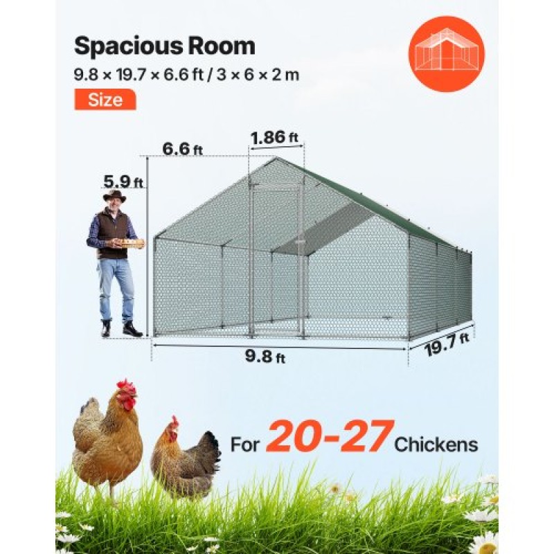 VEVOR Metal Chicken Coop, 9,8x19,6x6,5 ft Μεγάλες πίστες κοτόπουλου με κάλυμμα, περίβλημα οροφής με κοτέτσι με κλειδαριά ασφαλείας, στυλό πουλερικών υπαίθριου κλουβιού πάπιας για αυλή, φάρμα, αυλή