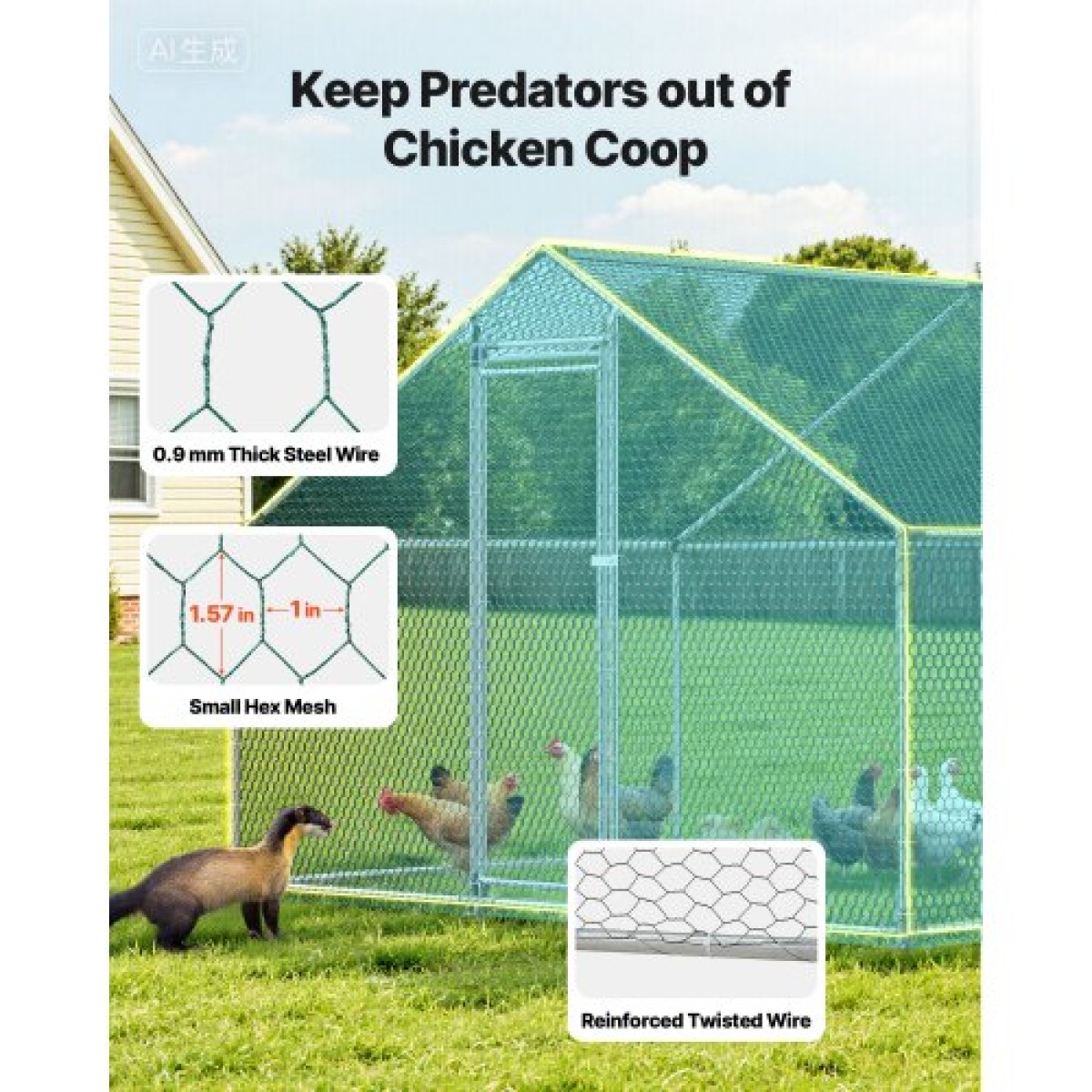 VEVOR Metal Chicken Coop, 9,8x19,6x6,5 ft Μεγάλες πίστες κοτόπουλου με κάλυμμα, περίβλημα οροφής με κοτέτσι με κλειδαριά ασφαλείας, στυλό πουλερικών υπαίθριου κλουβιού πάπιας για αυλή, φάρμα, αυλή