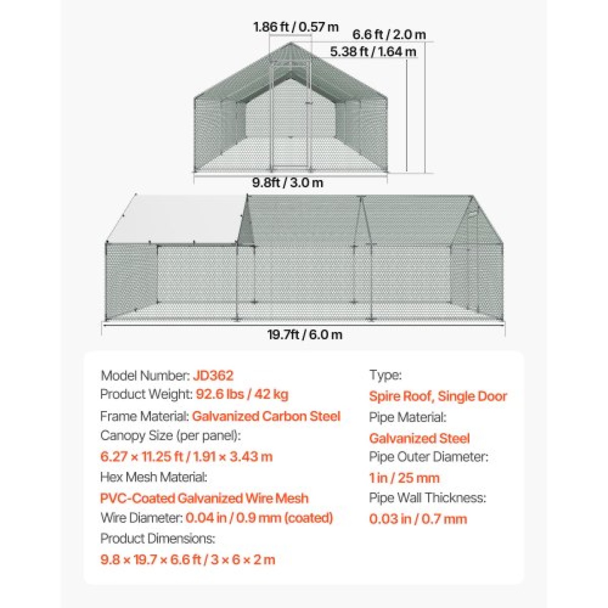 VEVOR Metal Chicken Coop, 9,8x19,6x6,5 ft Μεγάλες πίστες κοτόπουλου με κάλυμμα, περίβλημα οροφής με κοτέτσι με κλειδαριά ασφαλείας, στυλό πουλερικών υπαίθριου κλουβιού πάπιας για αυλή, φάρμα, αυλή