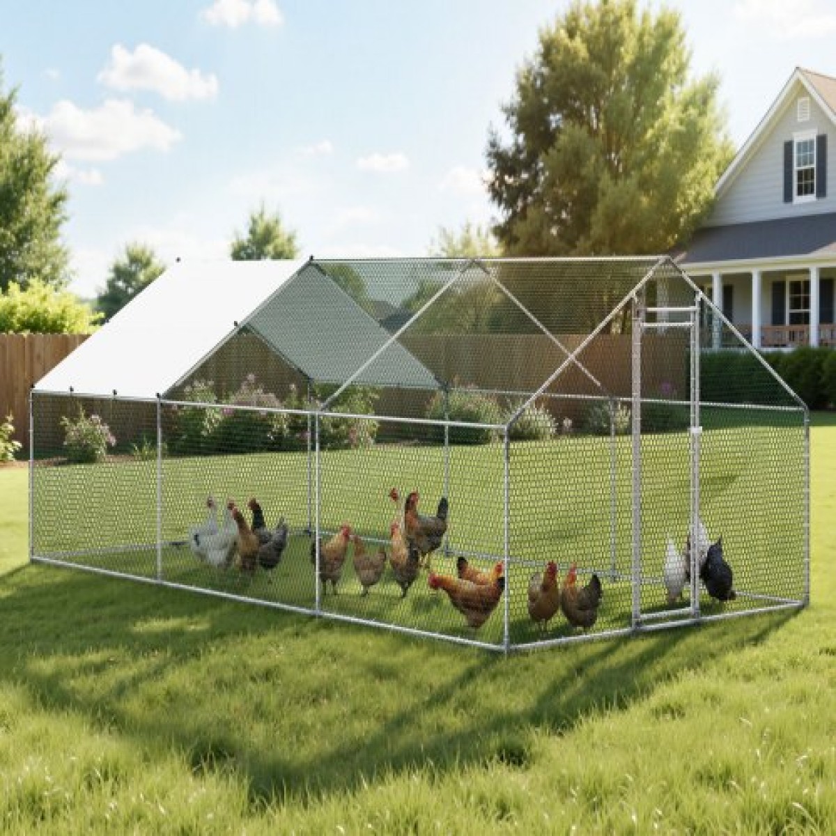 VEVOR Metal Chicken Coop, 9,8x19,6x6,5 ft Μεγάλες πίστες κοτόπουλου με κάλυμμα, περίβλημα οροφής με κοτέτσι με κλειδαριά ασφαλείας, στυλό πουλερικών υπαίθριου κλουβιού πάπιας για αυλή, φάρμα, αυλή