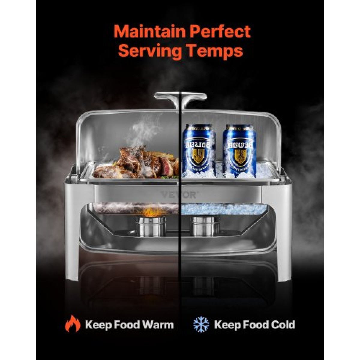 Πλήρες σετ μπουφέ πιάτων VEVOR Roll Chafing, 9Qt φουσκωτό από ανοξείδωτο χάλυβα με τηγάνι πλήρους μεγέθους, Ορθογώνιος θερμαντήρας τροφοδοσίας με καπάκι, πτυσσόμενη βάση στήριξης καυσίμου, κλιπ γεύματος, ασημί