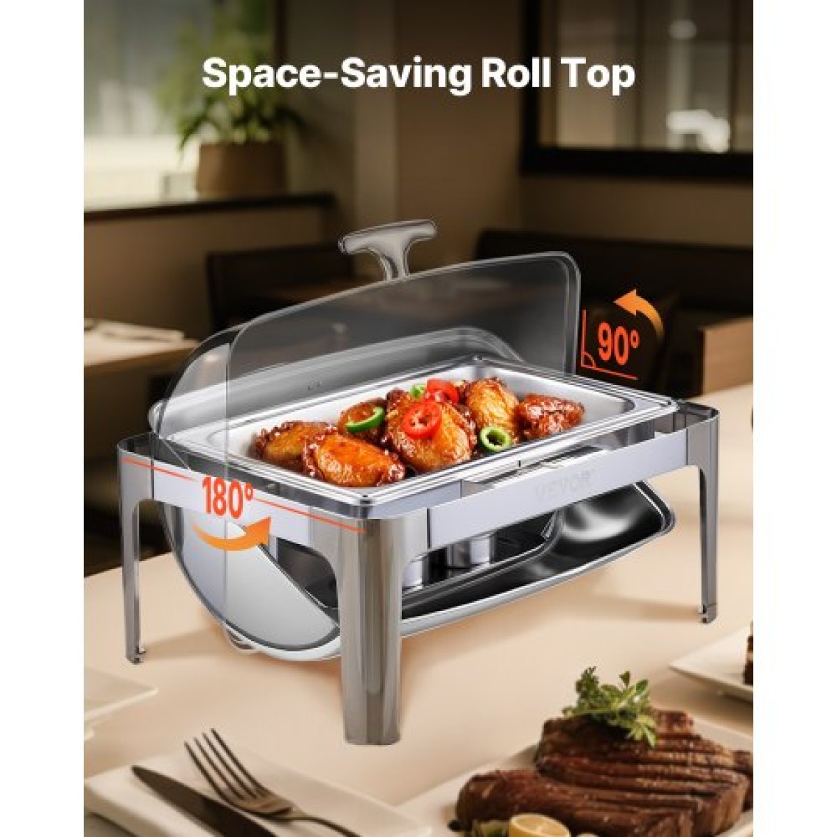 Πλήρες σετ μπουφέ πιάτων VEVOR Roll Chafing, 9Qt φουσκωτό από ανοξείδωτο χάλυβα με τηγάνι πλήρους μεγέθους, Ορθογώνιος θερμαντήρας τροφοδοσίας με καπάκι, πτυσσόμενη βάση στήριξης καυσίμου, κλιπ γεύματος, ασημί