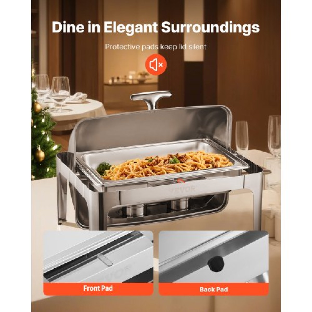 Πλήρες σετ μπουφέ πιάτων VEVOR Roll Chafing, 9Qt φουσκωτό από ανοξείδωτο χάλυβα με τηγάνι πλήρους μεγέθους, Ορθογώνιος θερμαντήρας τροφοδοσίας με καπάκι, πτυσσόμενη βάση στήριξης καυσίμου, κλιπ γεύματος, ασημί