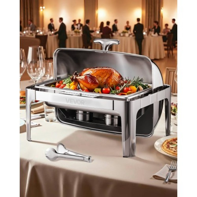 Πλήρες σετ μπουφέ πιάτων VEVOR Roll Chafing, 9Qt φουσκωτό από ανοξείδωτο χάλυβα με τηγάνι πλήρους μεγέθους, Ορθογώνιος θερμαντήρας τροφοδοσίας με καπάκι, πτυσσόμενη βάση στήριξης καυσίμου, κλιπ γεύματος, ασημί