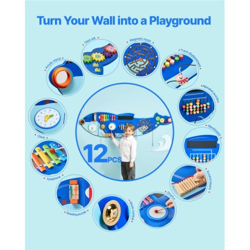 VEVOR Orca Activity Wall Busy Board Panels, 12 Activities, Montessori Sensory Wall Toy για παιδιά 3-12 ετών, Montessori Learning Activity Center, Ιδανικό για νηπιαγωγείο νηπιαγωγείου