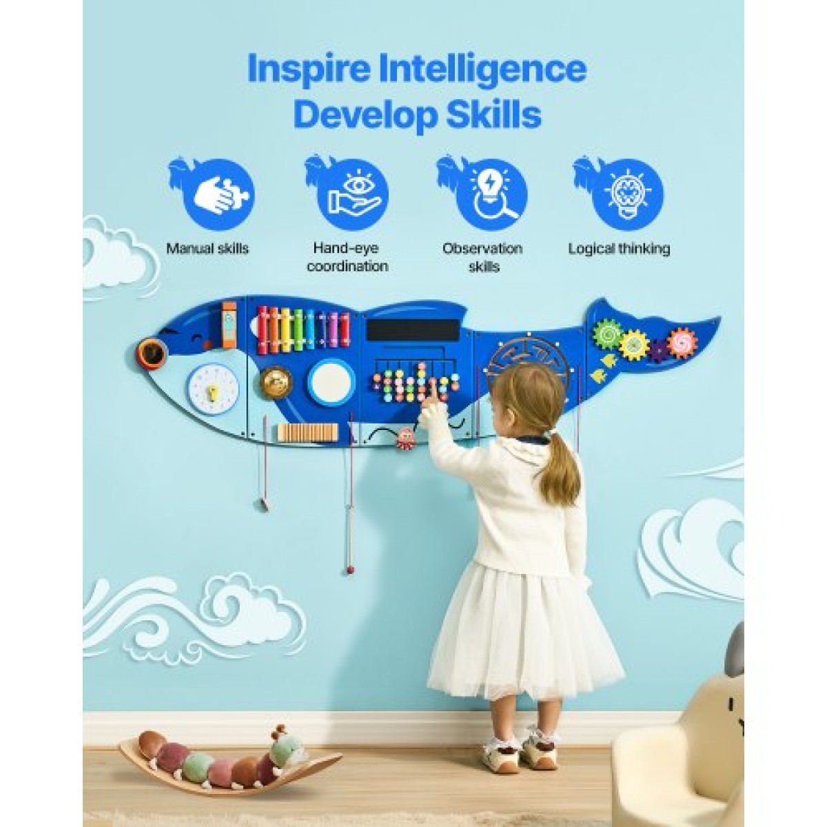 VEVOR Orca Activity Wall Busy Board Panels, 12 Activities, Montessori Sensory Wall Toy για παιδιά 3-12 ετών, Montessori Learning Activity Center, Ιδανικό για νηπιαγωγείο νηπιαγωγείου