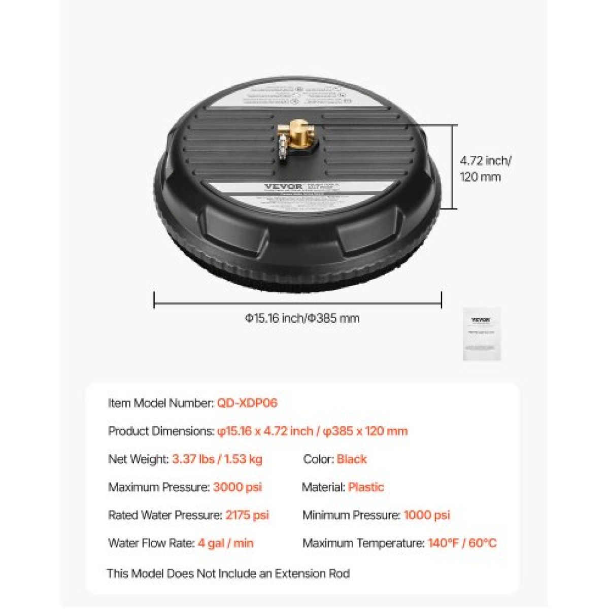 VEVOR 15" Καθαριστικό επιφανειών με πλυντήριο πίεσης, Πλαστικά εξαρτήματα πλύσης πίεσης με 4 τροχούς, 4000 Max PSI, 1/4 Quick Connector, 2 ακροφύσια ψεκασμού, Ιδανικό για δρόμους, πεζοδρόμια, αυλές, καταστρώματα, μαύρο