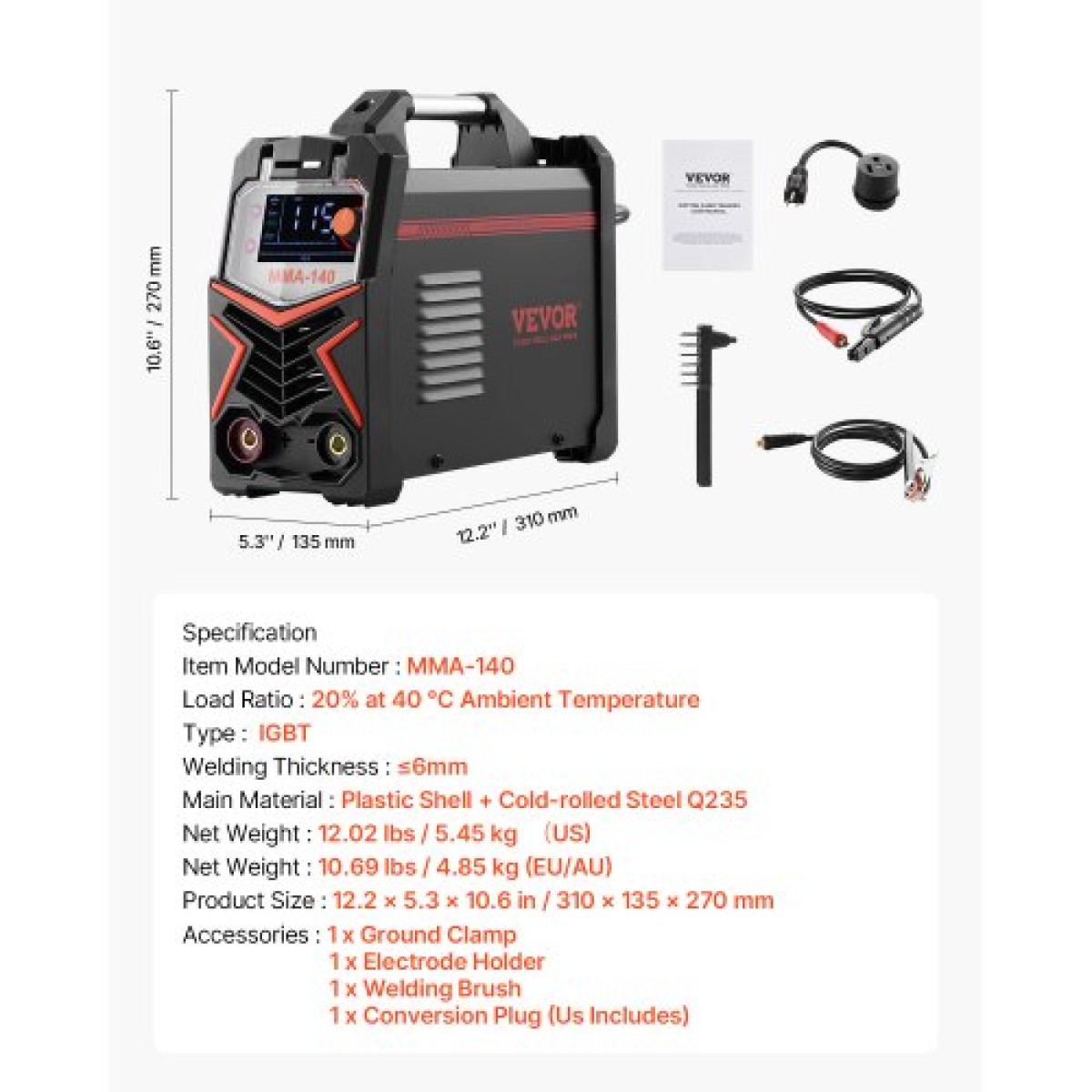 VEVOR MMA Welder, 140A 4-in-1 Welding Machine - MMA (Stick)/DC Pulse MMA/DC Pulse TIG/Lift TIG, LED Display Electric Welder Machine with Synergic Control, IGBT Inverter, Hot Start