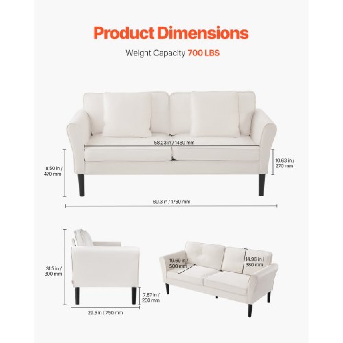 Καναπές VEVOR Loveseat, 176 cm Μικρός καναπές καναπές για σαλόνι, καναπές 2 θέσεων από ύφασμα βελούδινο με ελατήριο ελατηρίου, μαλακά μαξιλάρια και στιβαρό πλαίσιο, άνετο κάθισμα αγάπης για υπνοδωμάτιο, γραφείο ή διαμέρισμα, λευκό