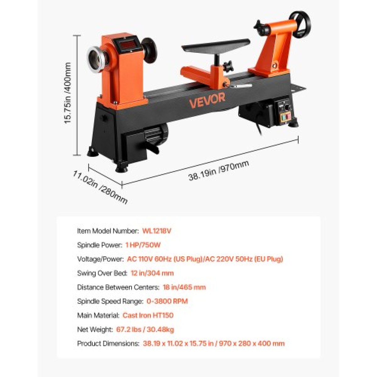 VEVOR Ξυλουργικός Τόρνος, 750 W / 1 HP, Μηχάνημα τόρνου πάγκου ξύλου με μεταβλητή ταχύτητα 150 έως 3800 σ.α.λ., πάγκος εργασίας 304 x 465 mm, κινητήρας συνεχούς ρεύματος χωρίς ψήκτρες, κατασκευή από χυτοσίδηρο, για αρχάριους λάτρεις της ξυλουργικής