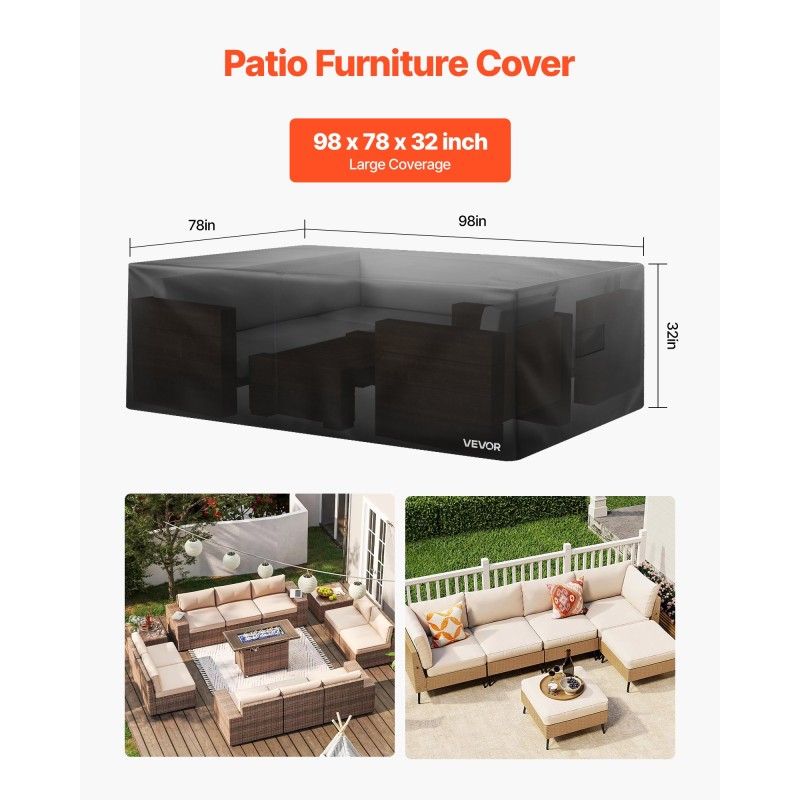Κάλυμμα επίπλων βεράντας VEVOR, 420D Heavy Duty αδιάβροχο κάλυμμα τραπεζαρίας και καρέκλες εξωτερικού χώρου, Μεγάλα ορθογώνια καλύμματα τραπεζιών βεράντας με αεραγωγό για παντός καιρού, 249L x 198W x 81H cm, Μαύρο