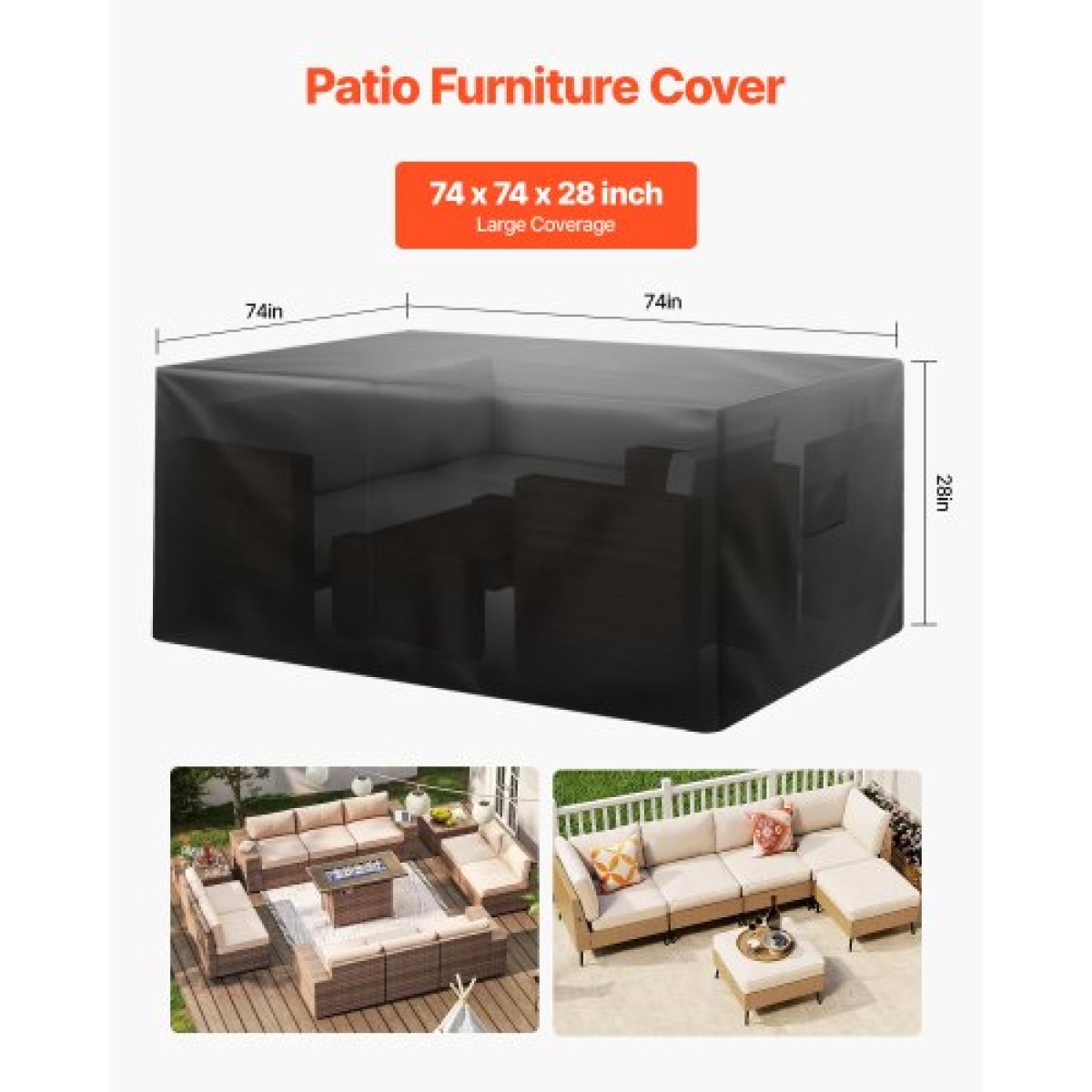 Κάλυμμα για έπιπλα βεράντας VEVOR, 420D Heavy Duty αδιάβροχο κάλυμμα τραπεζαρίας και καρέκλες εξωτερικού χώρου, Καλύμματα τραπεζιών βεράντας μεγάλου τετραγώνου με αεραγωγό για παντός καιρού, 188L x 188W x 71H cm, Μαύρο