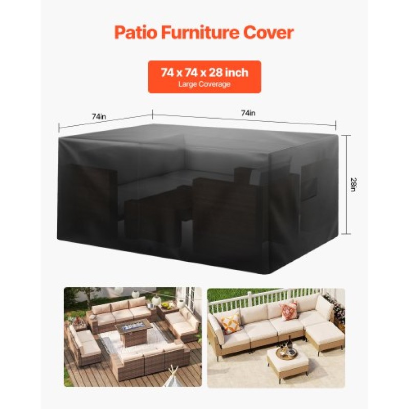 Κάλυμμα για έπιπλα βεράντας VEVOR, 420D Heavy Duty αδιάβροχο κάλυμμα τραπεζαρίας και καρέκλες εξωτερικού χώρου, Καλύμματα τραπεζιών βεράντας μεγάλου τετραγώνου με αεραγωγό για παντός καιρού, 188L x 188W x 71H cm, Μαύρο