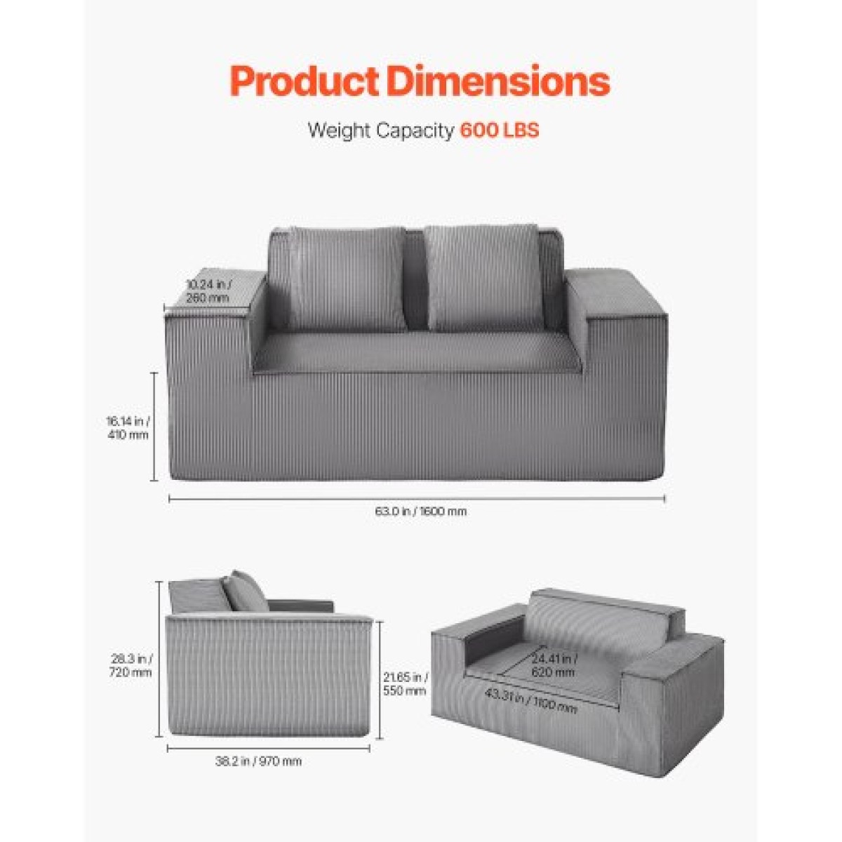 Καναπές VEVOR Loveseat, 160 cm Διθέσιος καναπές για σαλόνι, μοντέρνος μικρός κοτλέ καναπές με ελατήρια τσέπης, μαλακά μαξιλάρια, άνετο κάθισμα αγάπης για υπνοδωμάτιο, γραφείο ή διαμέρισμα, δεν απαιτείται συναρμολόγηση, γκρι