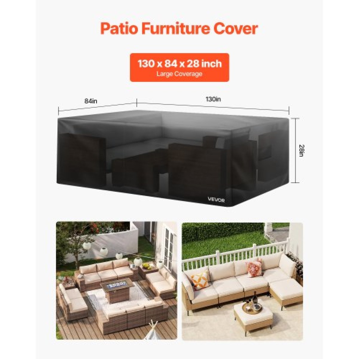 Κάλυμμα επίπλων βεράντας VEVOR, 420D Heavy Duty αδιάβροχο κάλυμμα τραπεζαρίας και καρέκλες εξωτερικού χώρου, Μεγάλα ορθογώνια καλύμματα τραπεζιών βεράντας με αεραγωγό για παντός καιρού, 330L x 214W x 71H cm, Μαύρο