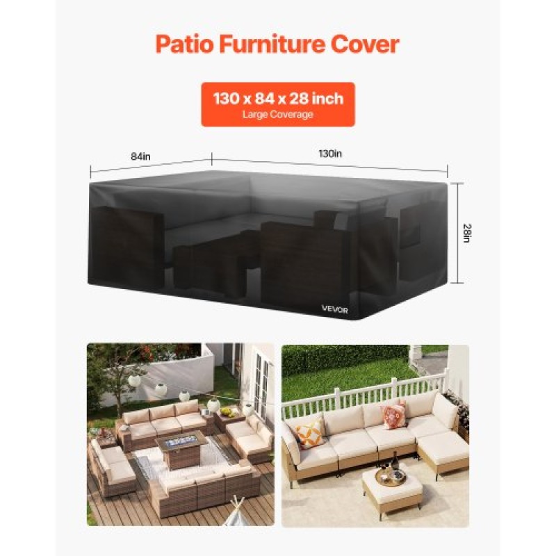 Κάλυμμα επίπλων βεράντας VEVOR, 420D Heavy Duty αδιάβροχο κάλυμμα τραπεζαρίας και καρέκλες εξωτερικού χώρου, Μεγάλα ορθογώνια καλύμματα τραπεζιών βεράντας με αεραγωγό για παντός καιρού, 330L x 214W x 71H cm, Μαύρο
