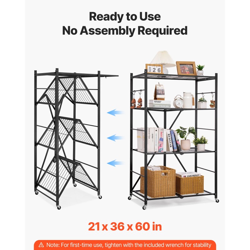 Πτυσσόμενο ράφι αποθήκευσης VEVOR 4 επιπέδων, 36W x 21D x 60H Inch Αναδιπλούμενο Μεταλλικό Ράφι Ράφια, Χωρίς Συναρμολόγηση ράφι με 5 ρόδες & 4 γάντζους για ντουλάπι, κουζίνα, γκαράζ, υπόγειο, μαύρο