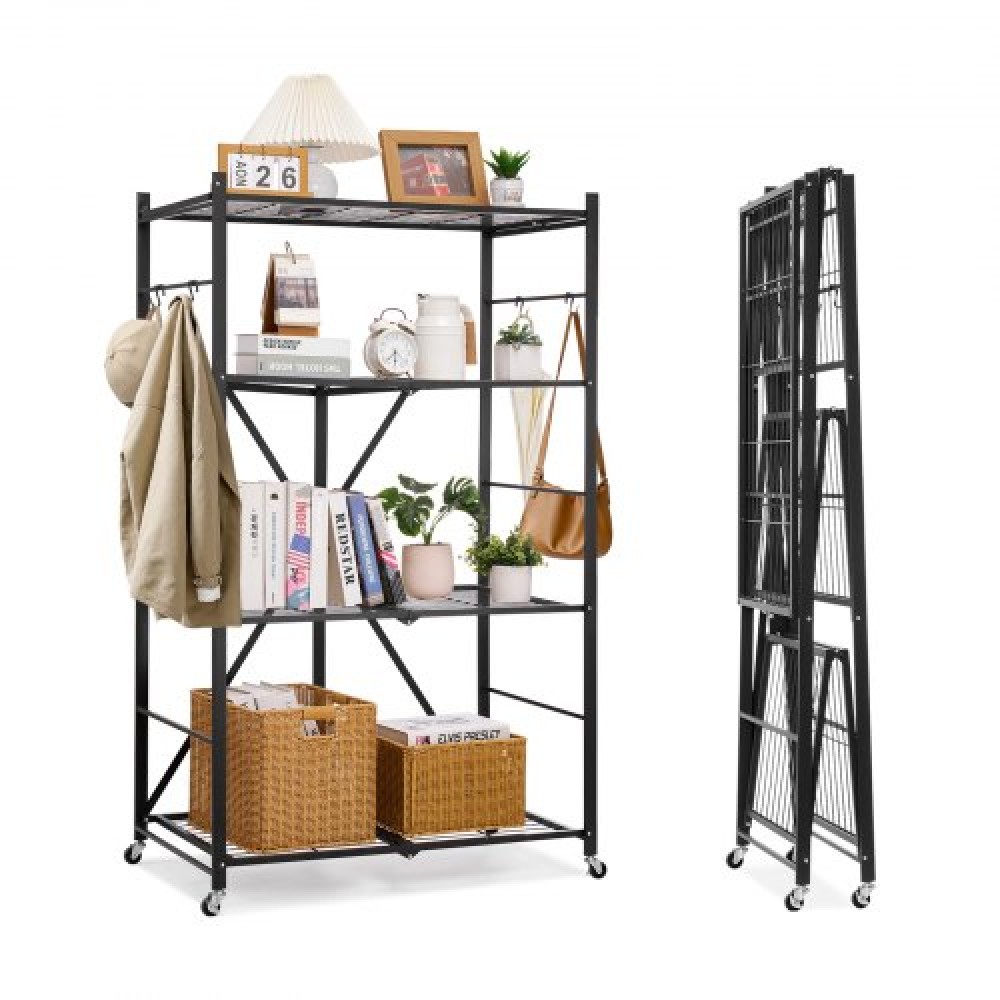 Πτυσσόμενο ράφι αποθήκευσης VEVOR 4 επιπέδων, 36W x 21D x 60H Inch Αναδιπλούμενο Μεταλλικό Ράφι Ράφια, Χωρίς Συναρμολόγηση ράφι με 5 ρόδες & 4 γάντζους για ντουλάπι, κουζίνα, γκαράζ, υπόγειο, μαύρο