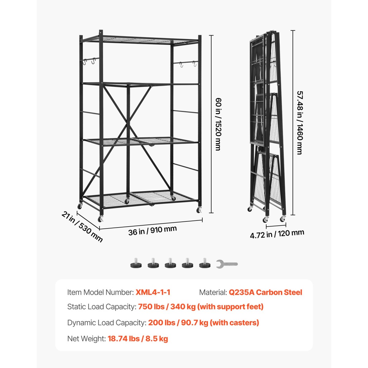 Πτυσσόμενο ράφι αποθήκευσης VEVOR 4 επιπέδων, 36W x 21D x 60H Inch Αναδιπλούμενο Μεταλλικό Ράφι Ράφια, Χωρίς Συναρμολόγηση ράφι με 5 ρόδες & 4 γάντζους για ντουλάπι, κουζίνα, γκαράζ, υπόγειο, μαύρο