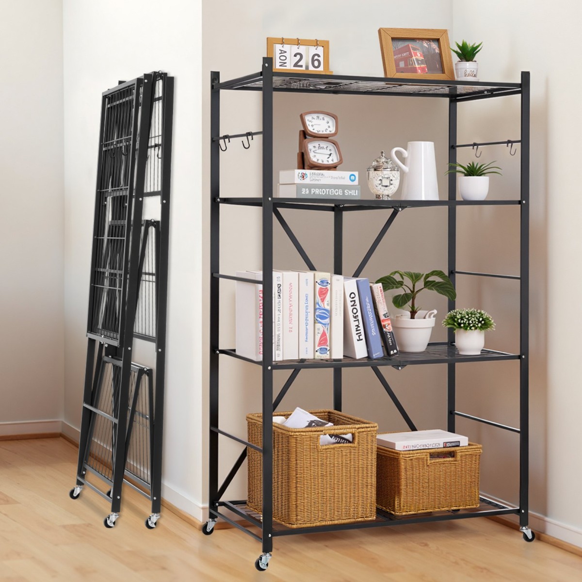 Πτυσσόμενο ράφι αποθήκευσης VEVOR 4 επιπέδων, 36W x 21D x 60H Inch Αναδιπλούμενο Μεταλλικό Ράφι Ράφια, Χωρίς Συναρμολόγηση ράφι με 5 ρόδες & 4 γάντζους για ντουλάπι, κουζίνα, γκαράζ, υπόγειο, μαύρο